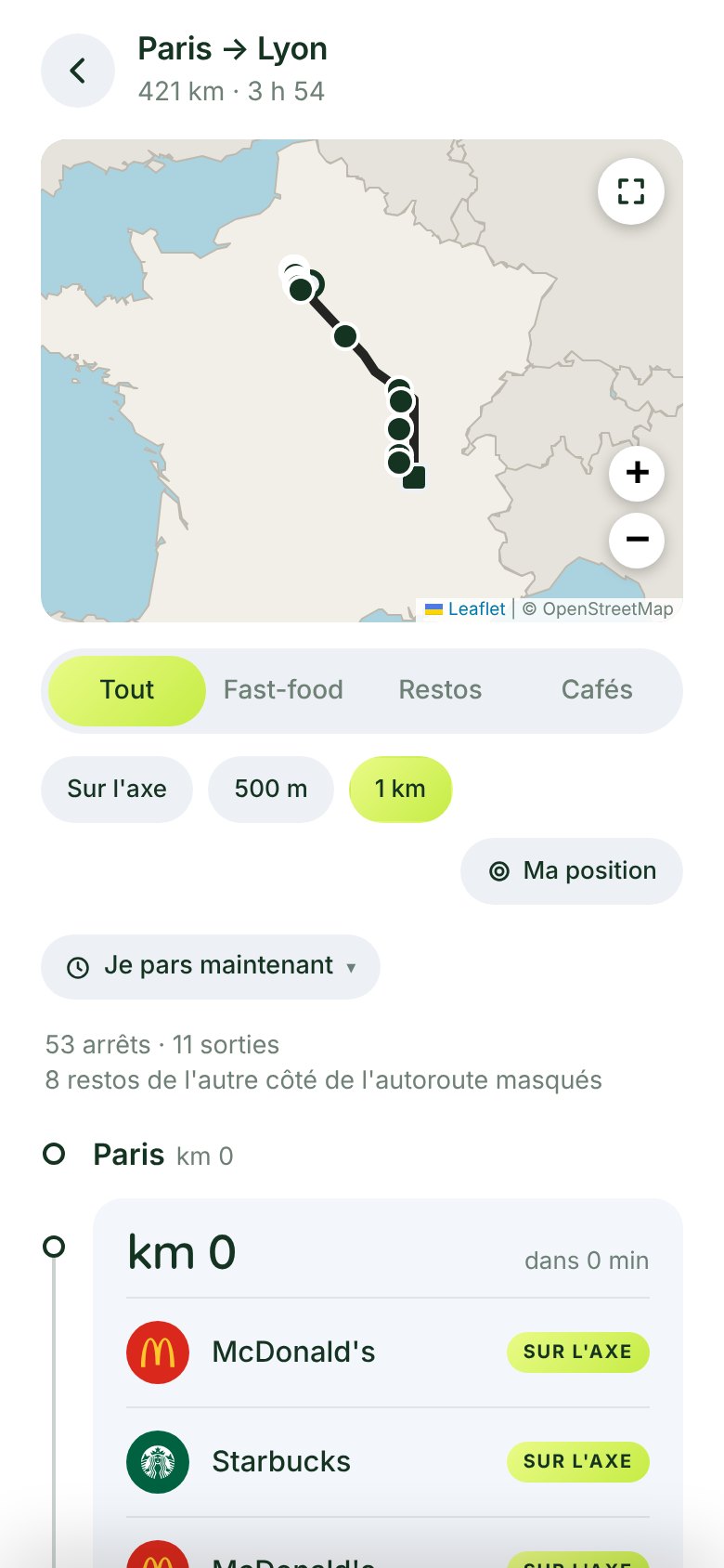 Les arrêts sur la carte et dans la liste